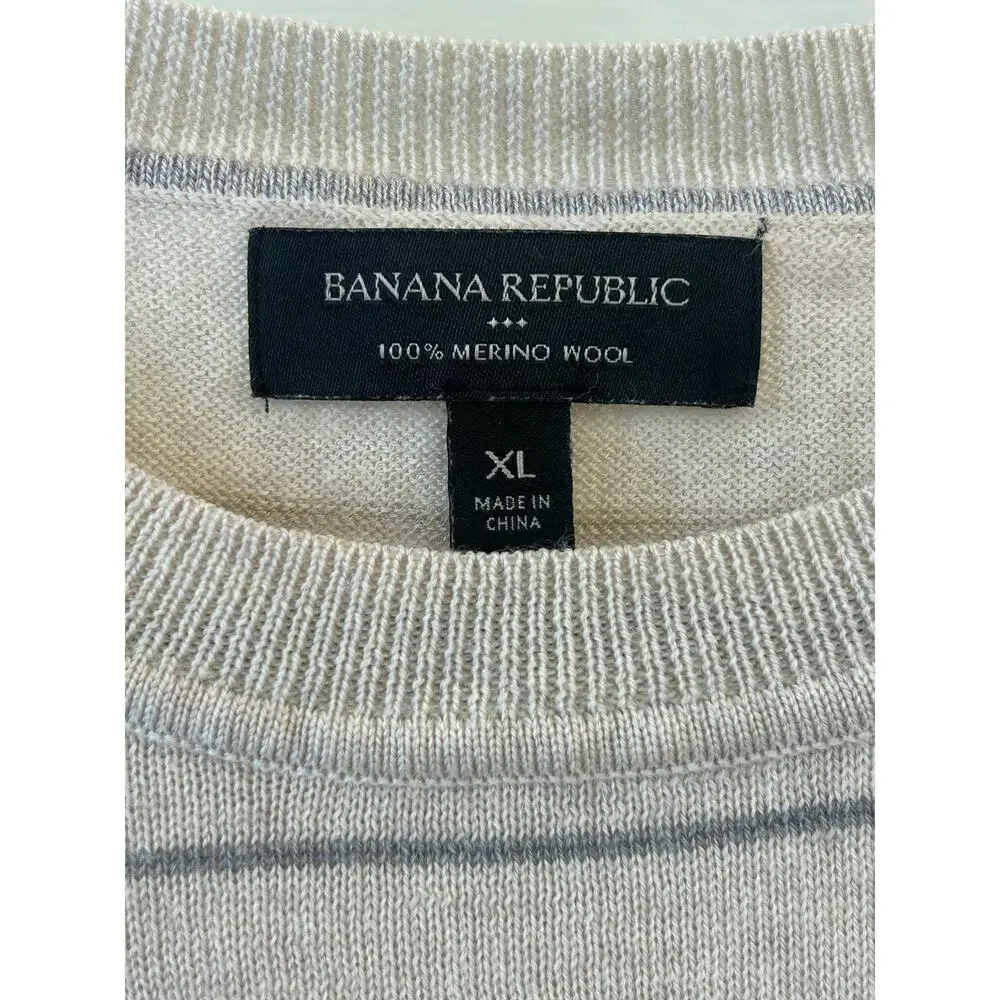 Banana Republic Men’s XL 100% Merino Wool Striped Crewneck Sweater Ivory Gray